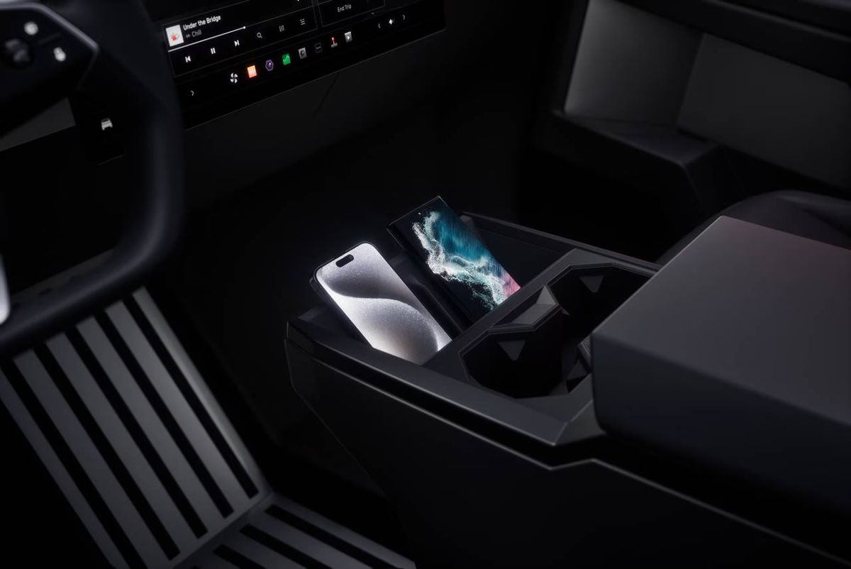 Phones charging in the Cybertruck console